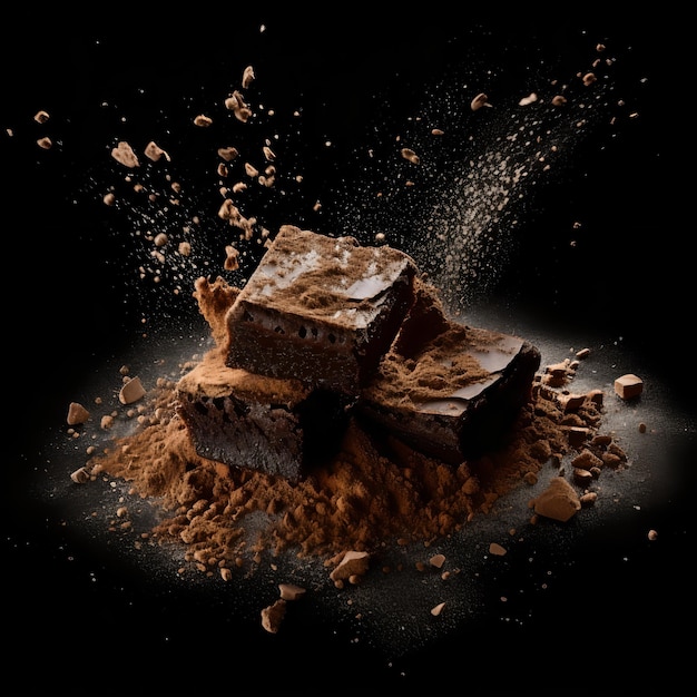 A black background with a chocolate bar and dust on it.