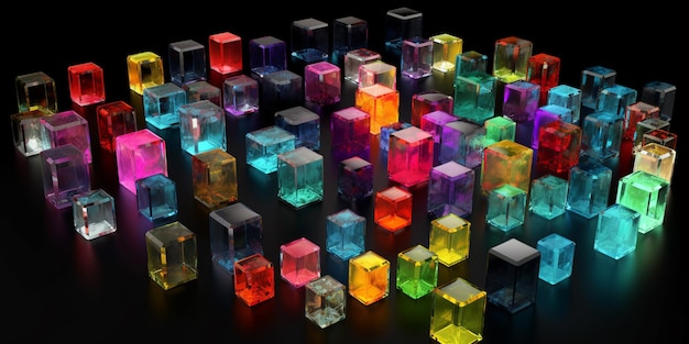 다채로운 큐브와 그것에 빛이라는 단어가 있는 검정색 배경.
