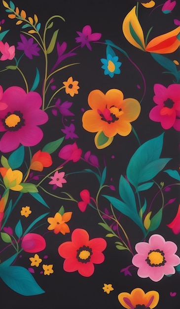 A black background with colorful flowers and leaves.