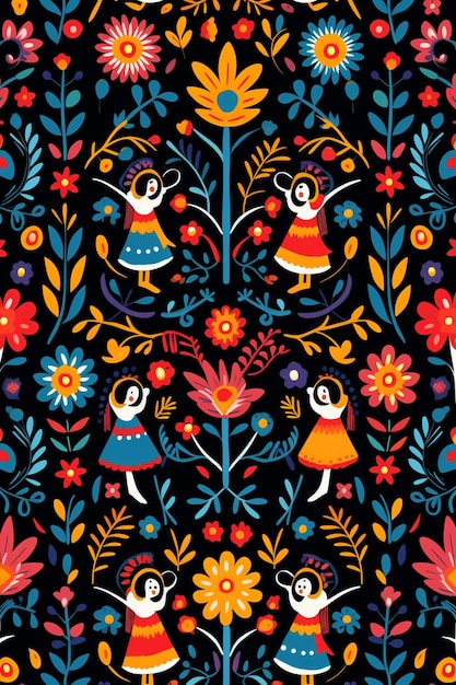 Photo a black background with colorful flowers and a pattern of little girls generative ai