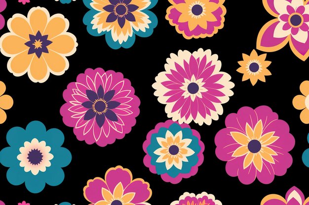 A black background with colorful flowers and a yellow one.