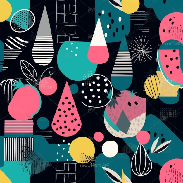 A black background with colorful geometric shapes and fruit generative ai