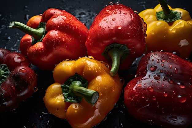 A black background with colorful peppers on it