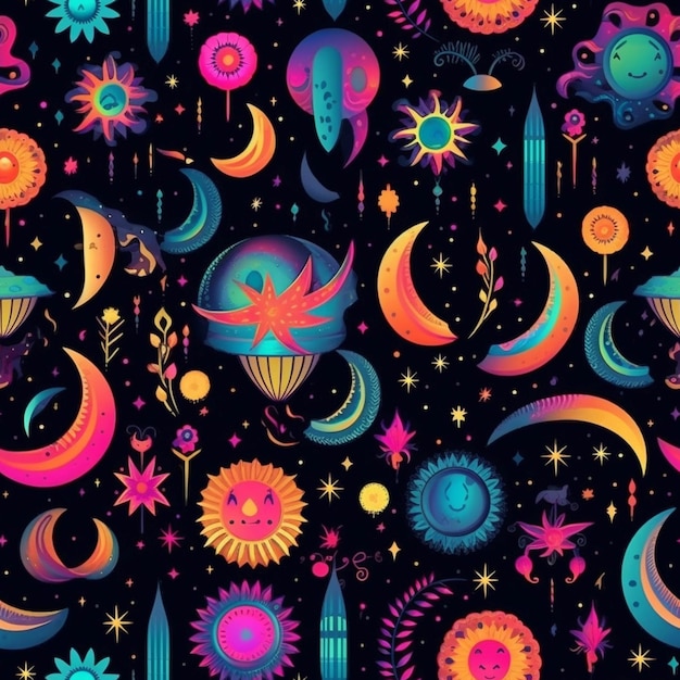 A black background with colorful psychedelic psychedelic designs generative ai