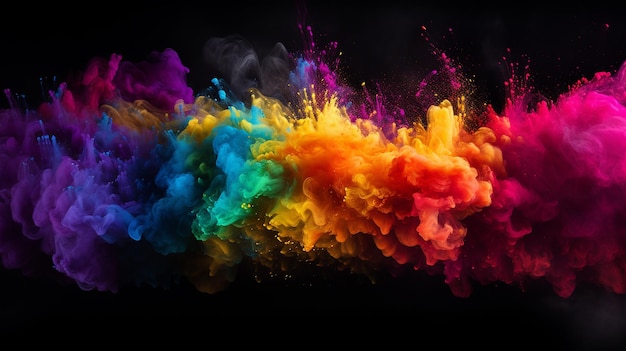 black background with colorful rainbow holi paint color powder explosion