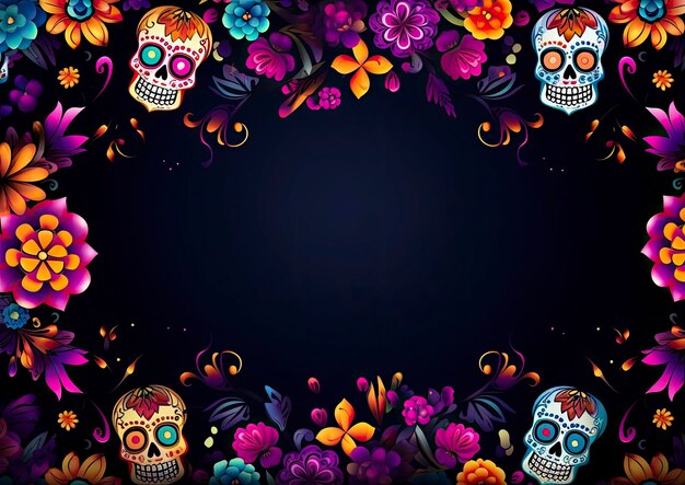 Photo a black background with colorful skulls and flowers