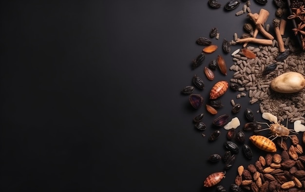 A black background with different nuts and seeds