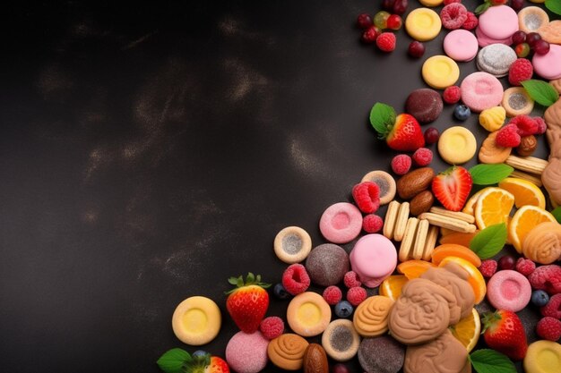 A black background with different sweets and the word sweets on it.