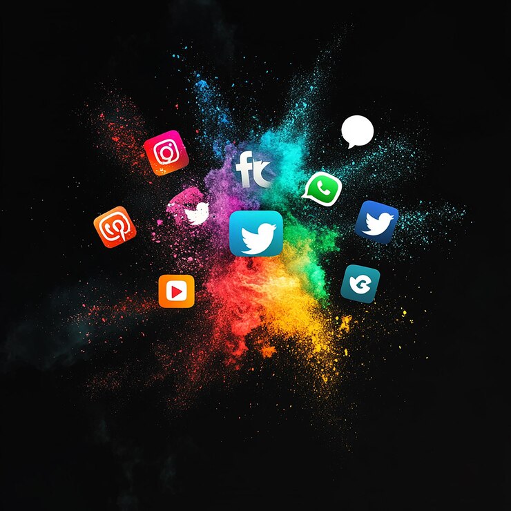 Photo black background with an explosion of colors outwards to famous social media icons