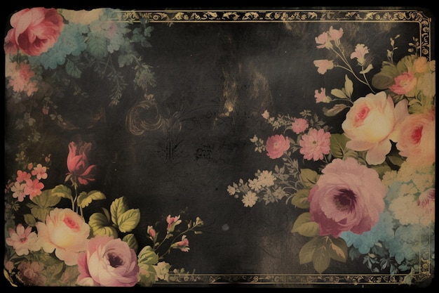 A black background with a floral border and a gold border.