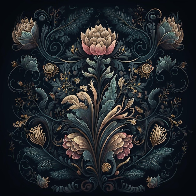 Photo a black background with a floral design and a gold flower.