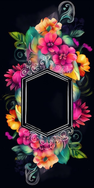 A black background with a floral frame and a black border.