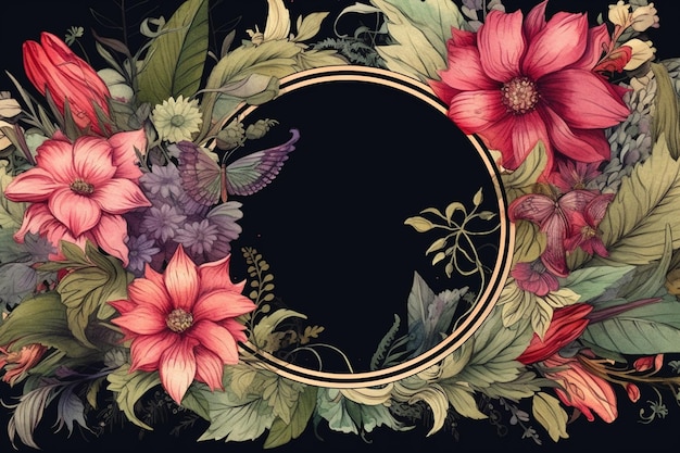 A black background with a floral frame and a gold circle in the middle.