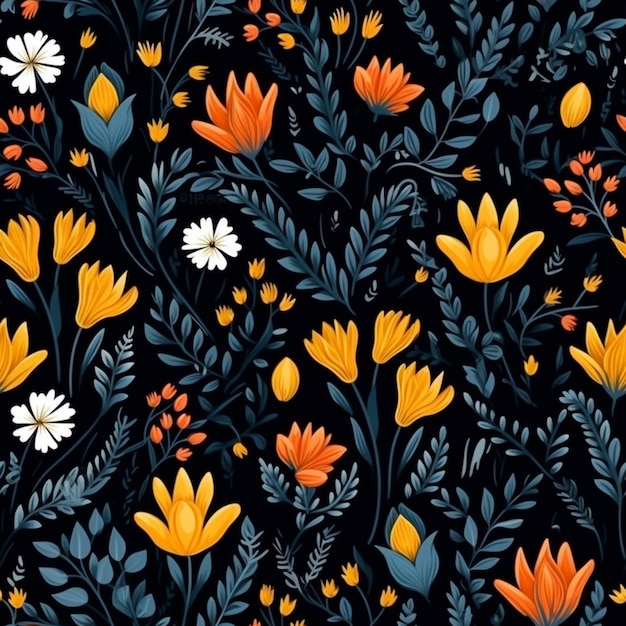 A black background with a floral pattern and orange and white flowers.