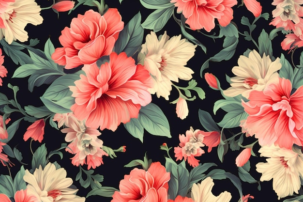 Photo a black background with a floral pattern and a red and orange flowers.