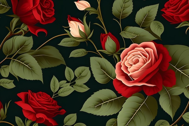 A black background with a floral pattern and a red rose.