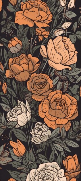 A black background with a floral pattern with orange flowers.