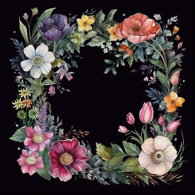 A black background with a floral wreath in the middle.