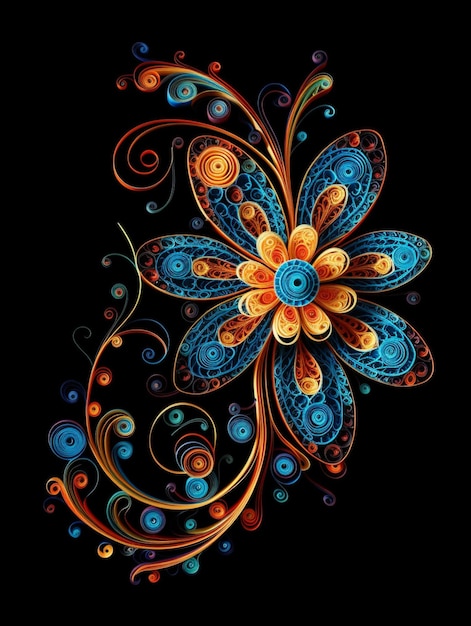 A black background with a flower and a blue flower on it.