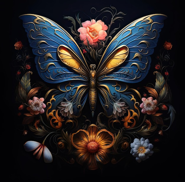 a black background with a flower and butterfly in the style of hyperrealistic