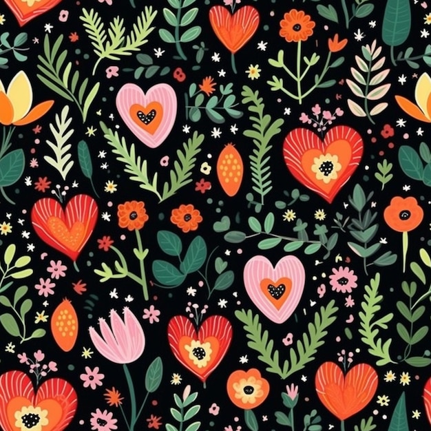 A black background with flowers and hearts.