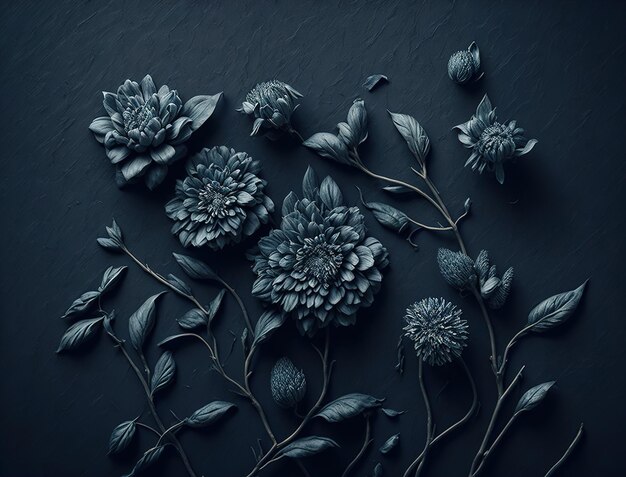 A black background with flowers and leaves on it