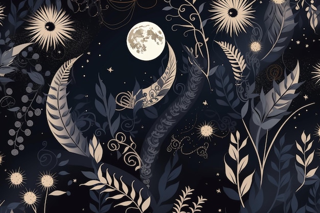 A black background with flowers and the moon and stars.