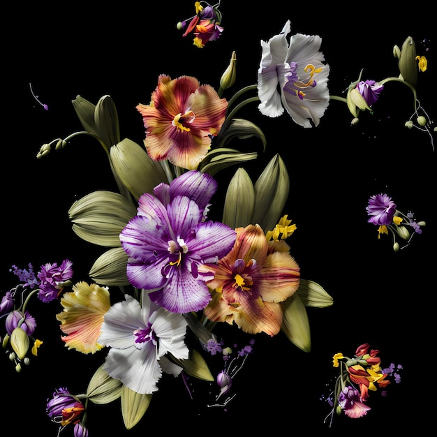 A black background with flowers and a purple and white one