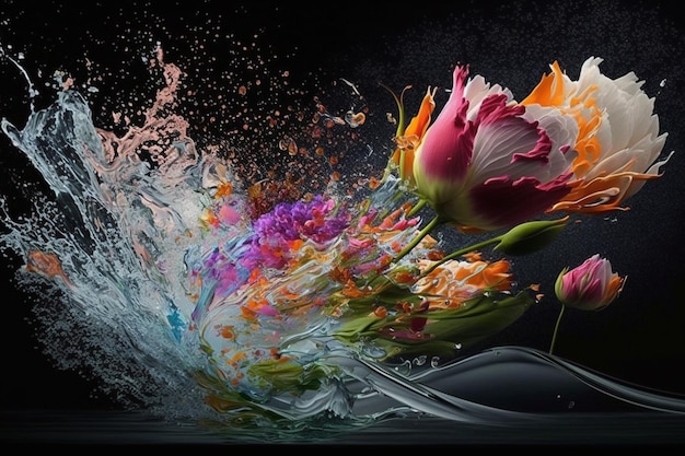 A black background with flowers and sprays of water.