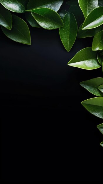 Black background with frame made of green leaves and copy space AI Generated