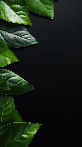Black background with frame made of green leaves and copy space AI Generated