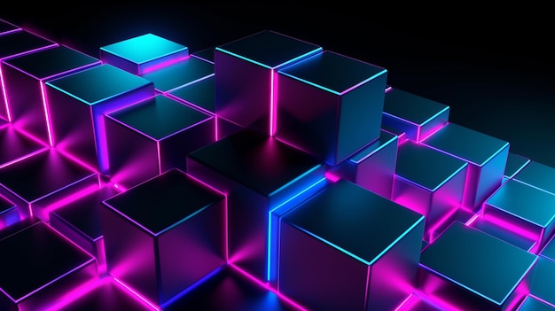 A black background with a glowing cubes and a blue and pink light