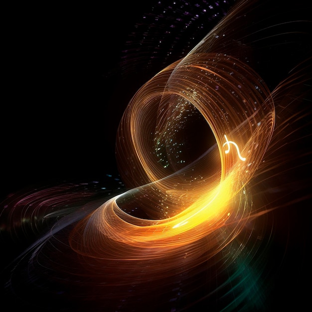 A black background with a glowing orange and green swirl.