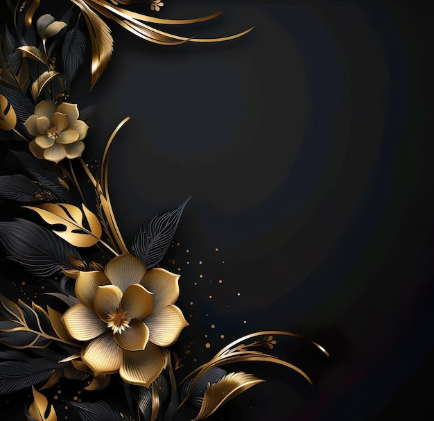 Черный фон с золотыми цветами и листьями