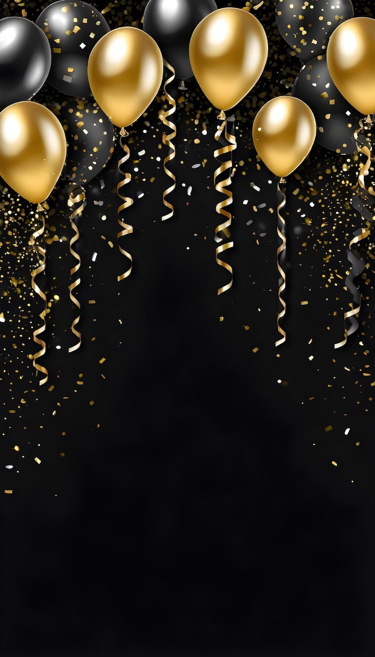 Black background with gold ballon and confetti