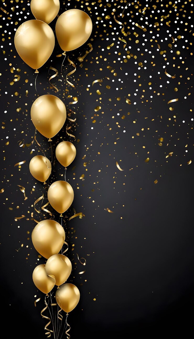 black background with gold balloon and gold confetti