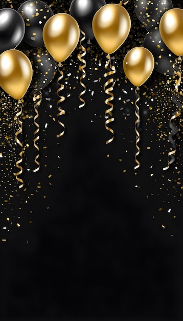 Foto sfondo nero con palloncino d'oro e confetti d'oro