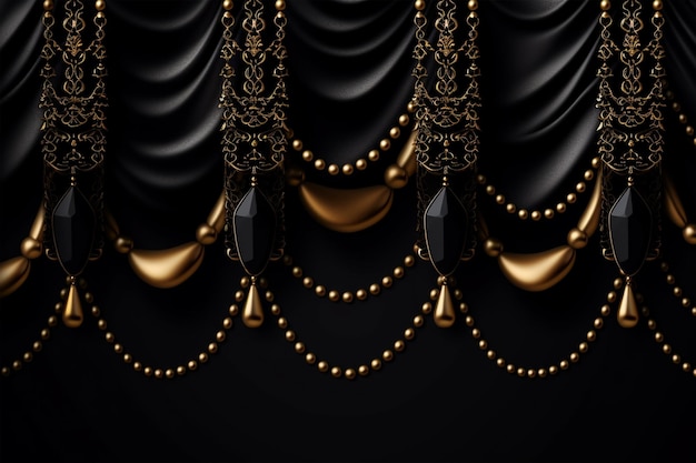 Black background with gold beads and a black curtain Generative ai