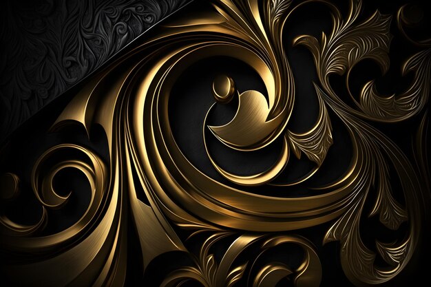 A black background with gold and black designs and a pattern of swirls.