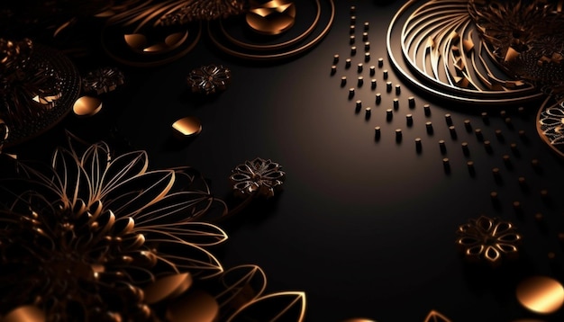 A black background with gold and black objects and a black background.