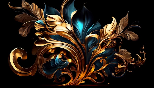 A black background with gold and blue flowers and leaves.