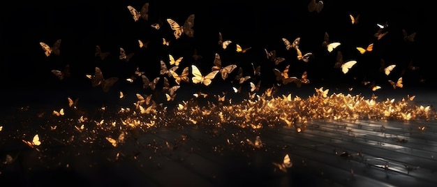 Черный фон с золотыми бабочками, летящими в воздухе.