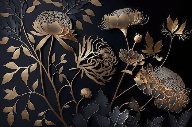 A black background with gold flowers and leaves.