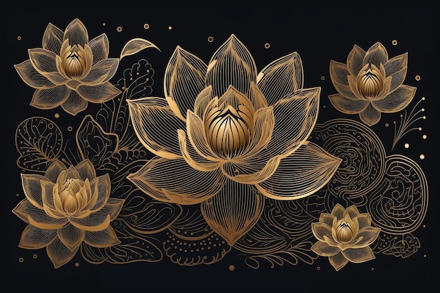 A black background with gold flowers and leaves.