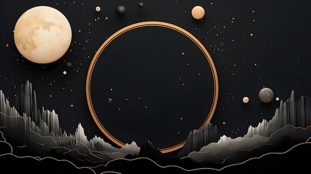 A black background with a gold frame and planets abstract charcoal color ornate background