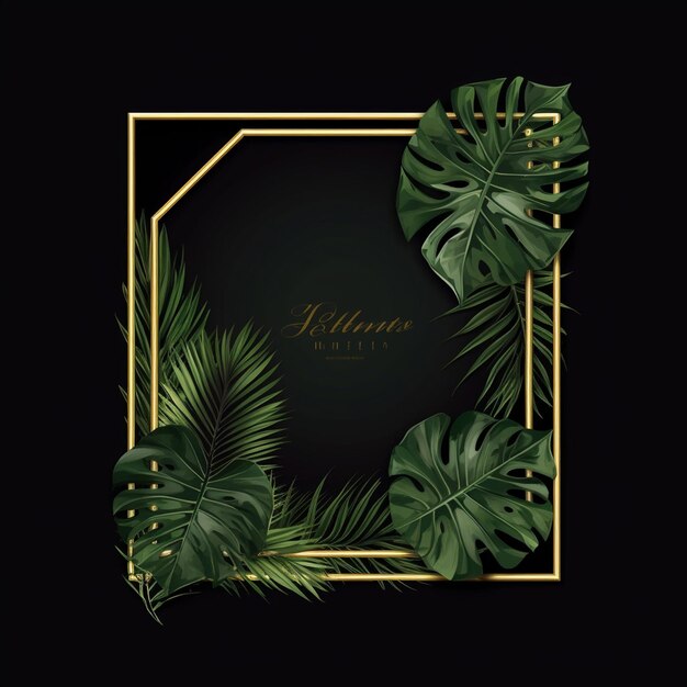 A black background with a gold frame with tropical leaves on it.