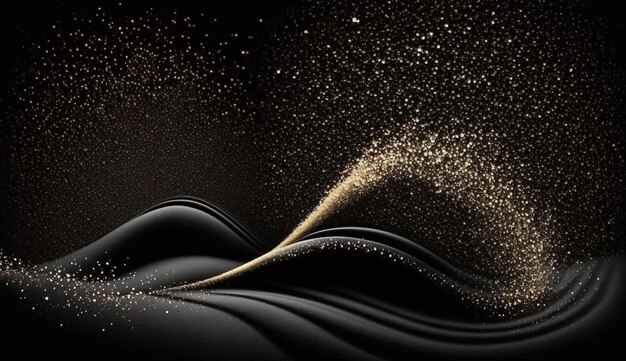 A black background with gold glitter dust and black fabric.