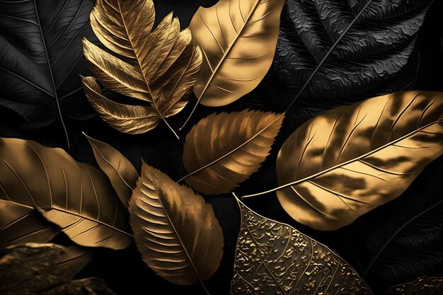 A black background with gold leaves and a black background with gold leaves.