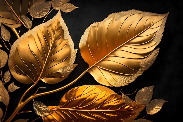 A black background with gold leaves and the words