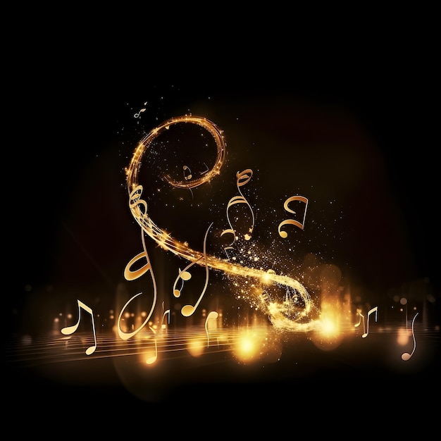 A black background with gold music notes and a black background.